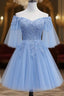 Lovely Light Blue With Lace Off Shoulder Short Formal Prom Dress, Blue Homecoming Dress