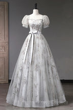 Lovely Light Grey Tulle Sequins Long Formal Prom Dress, A-Line Grey Formal Party Dress