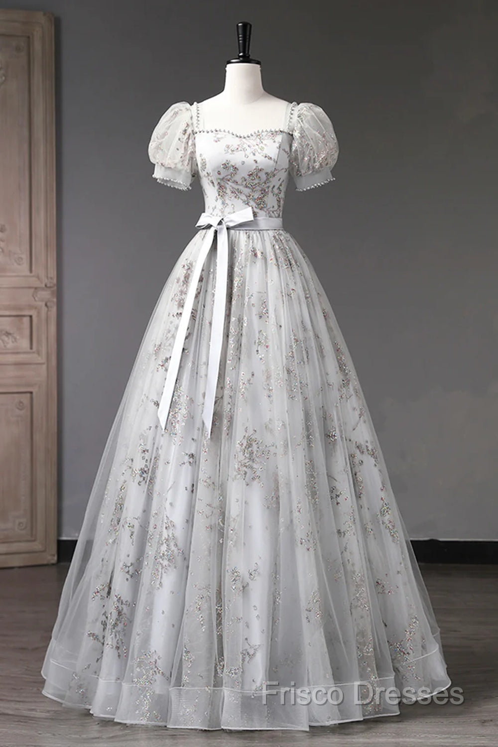 Lovely Light Grey Tulle Sequins Long Formal Prom Dress, A-Line Grey Formal Party Dress