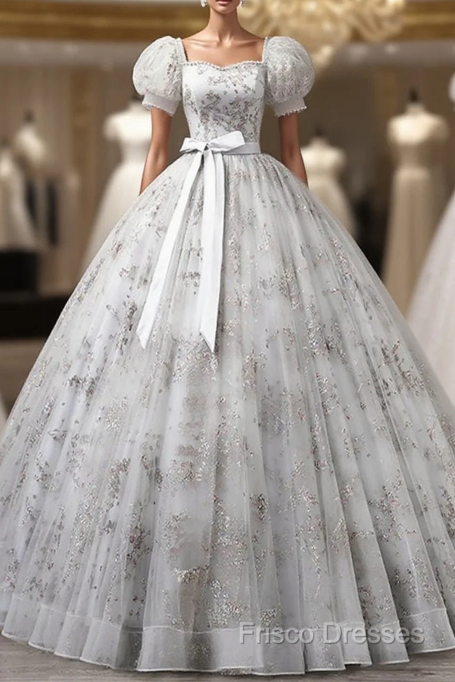 Lovely Light Grey Tulle Sequins Long Formal Prom Dress, A-Line Grey Formal Party Dress Main image