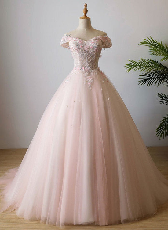 Lovely Light Pink Sweetheart Flowers Tulle Party Dress, Pink Prom Dress Main image