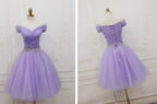 Lovely Light Purple Beaded Short Party Dress, Off Shoulder Homecoming Dress