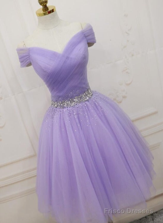 Lovely Light Purple Beaded Short Party Dress, Off Shoulder Homecoming Dress Main image