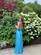 Lovely Long Blue Straps Sweetheart Party Dress Formal Dress, Blue Satin Prom Dress