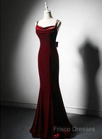 Lovely Low Back Velvet Mermaid Long Formal Prom Dress, Velvet Wedding Party Dress