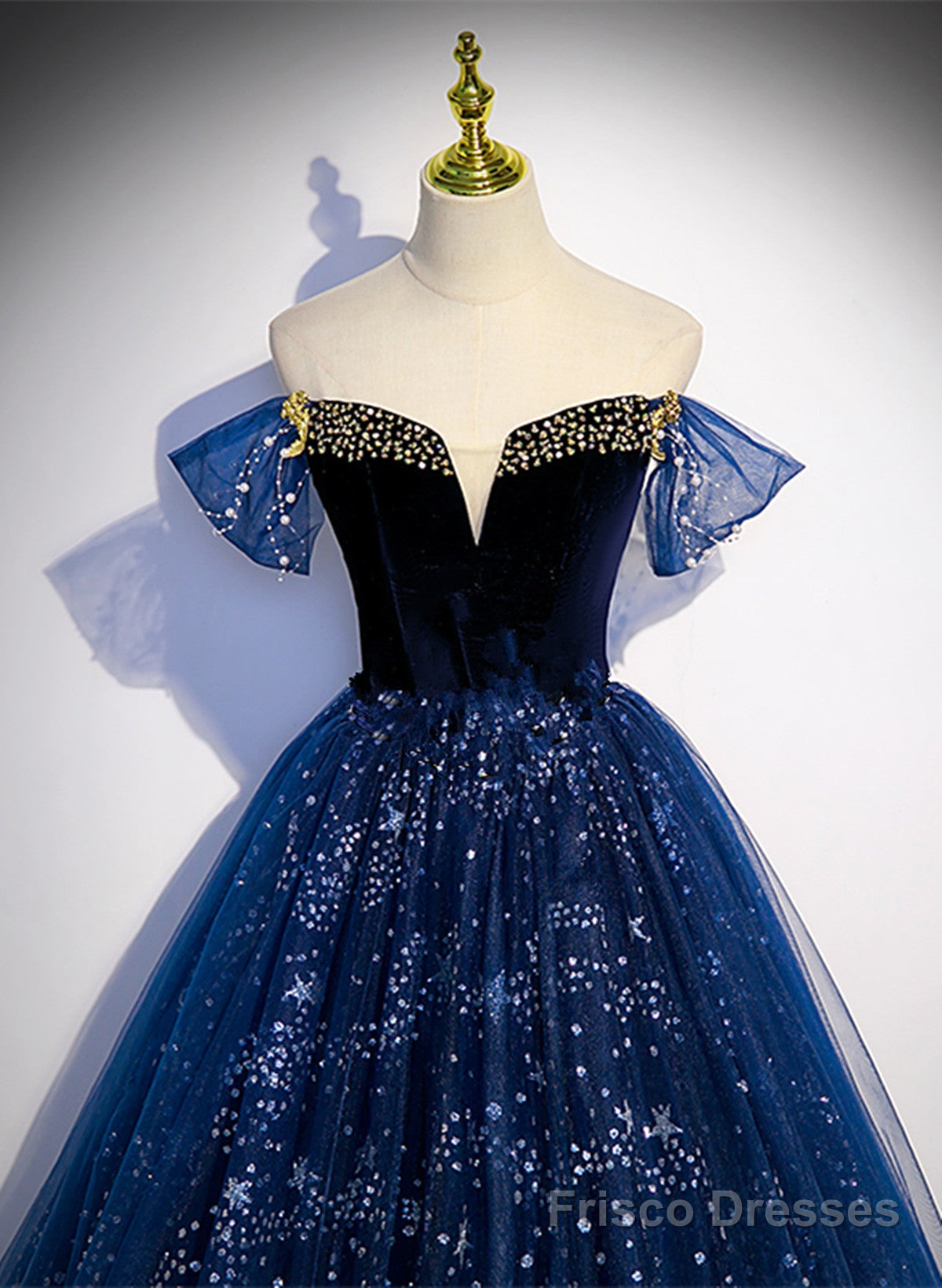 Lovely Navy Blue Tulle Off Shoulder Beaded Long Party Dress, Navy Blue Tulle Prom Dress Secondary image