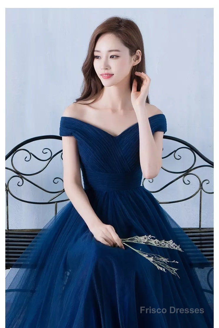 Lovely Navy Blue Tulle Off Shoulder Long Prom Dress , Tulle Bridesmaid