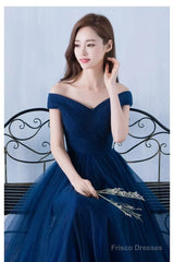 Lovely Navy Blue Tulle Off Shoulder Long Prom Dress , Tulle Bridesmaid Dresses