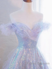 Lovely Off Shoulder A-Line Tulle And Sequins Formal Prom Dress, Sweetheart Long Evening Dress