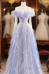 Lovely Off Shoulder A-Line Tulle And Sequins Formal Prom Dress, Sweetheart Long Evening Dress
