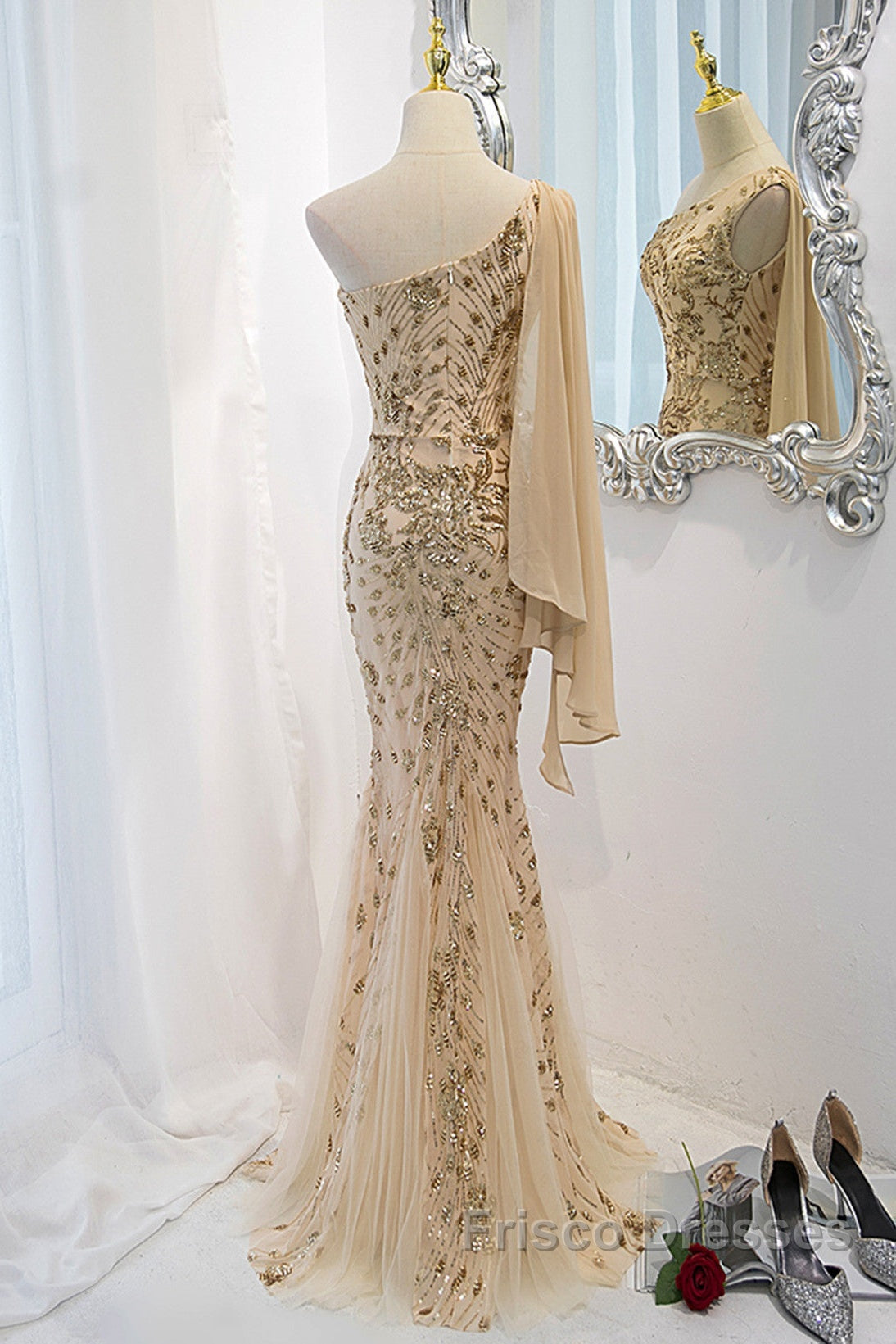 Lovely One Shoulder Champagne Sequins Mermaid Formal Prom Dress, Champagne Evening Dress Secondary image