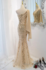 Lovely One Shoulder Champagne Sequins Mermaid Formal Prom Dress, Champagne Evening Dress