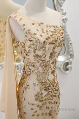 Lovely One Shoulder Champagne Sequins Mermaid Formal Prom Dress, Champagne Evening Dress