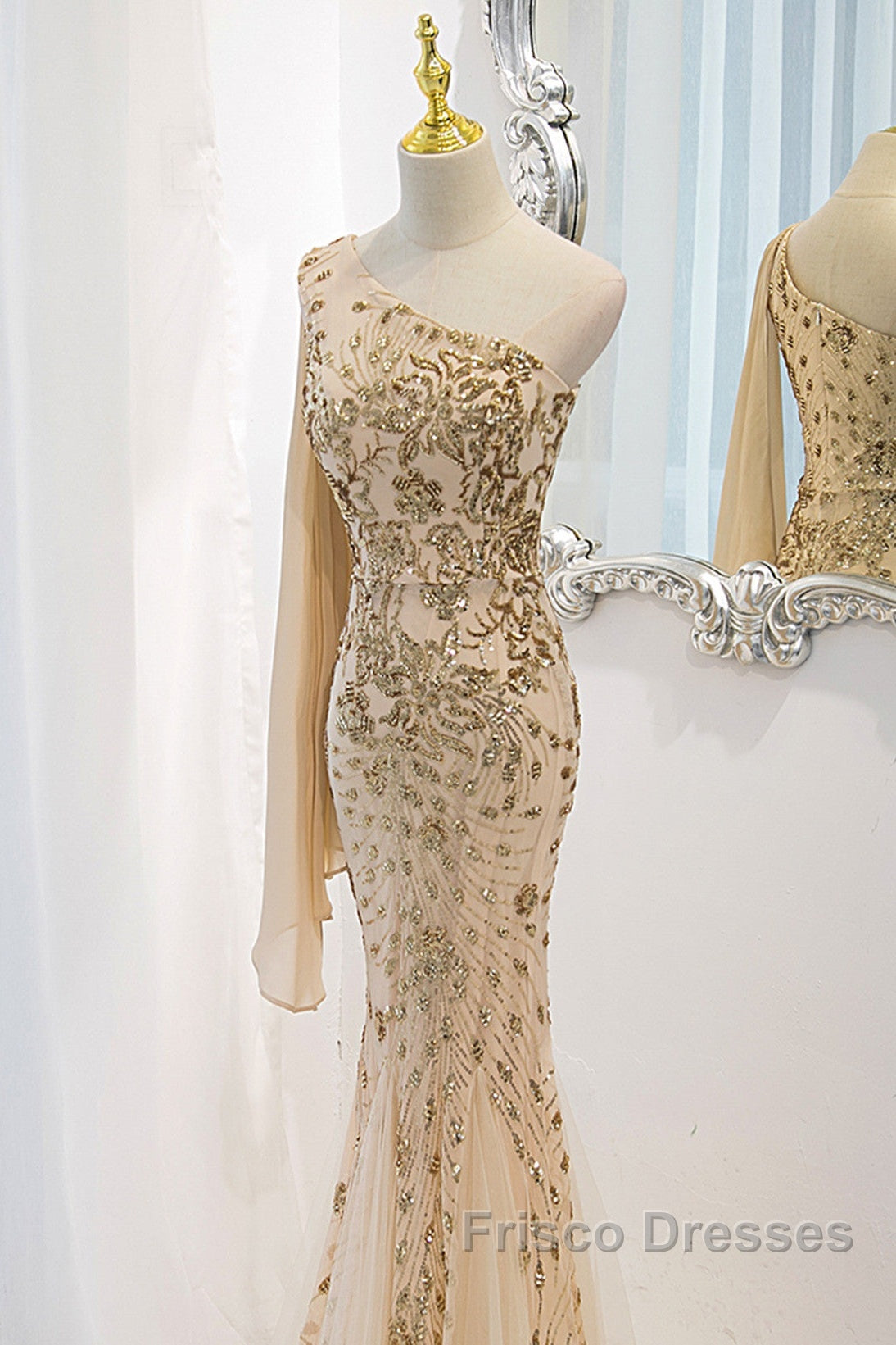 Lovely One Shoulder Champagne Sequins Mermaid Formal Prom Dress, Champagne Evening Dress