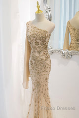 Lovely One Shoulder Champagne Sequins Mermaid Formal Prom Dress, Champagne Evening Dress