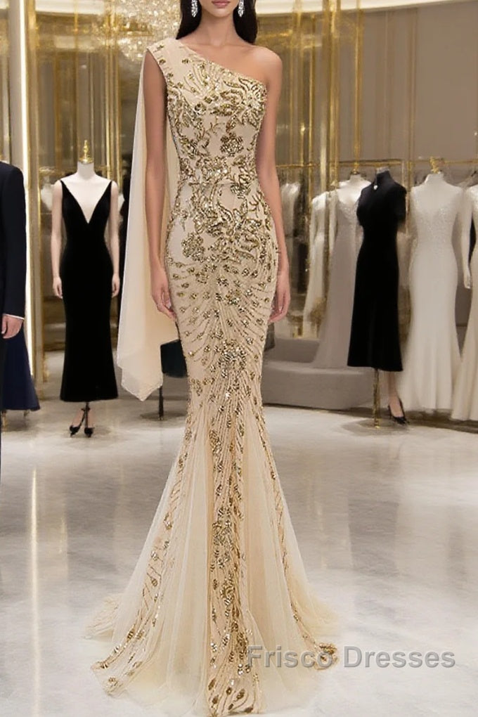 Lovely One Shoulder Champagne Sequins Mermaid Formal Prom Dress, Champagne Evening Dress