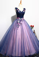 Lovely Organza Pink And Blue Flowers Sweet 16 Gown, Long Formal Gown