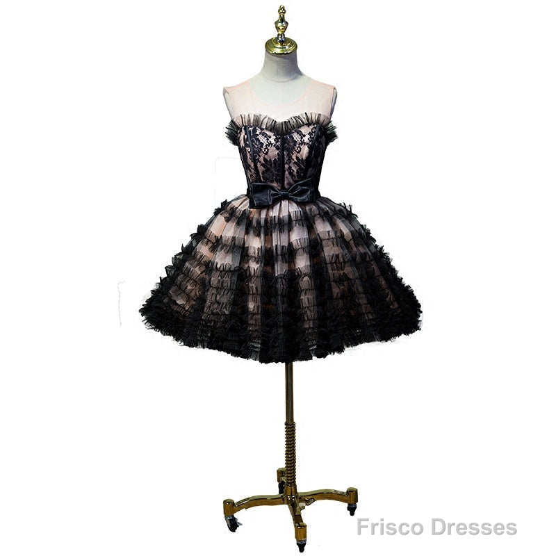 Lovely Pink And Black Short Party Dress With Bow, Cute Black Homecoming Dresses Secondary image