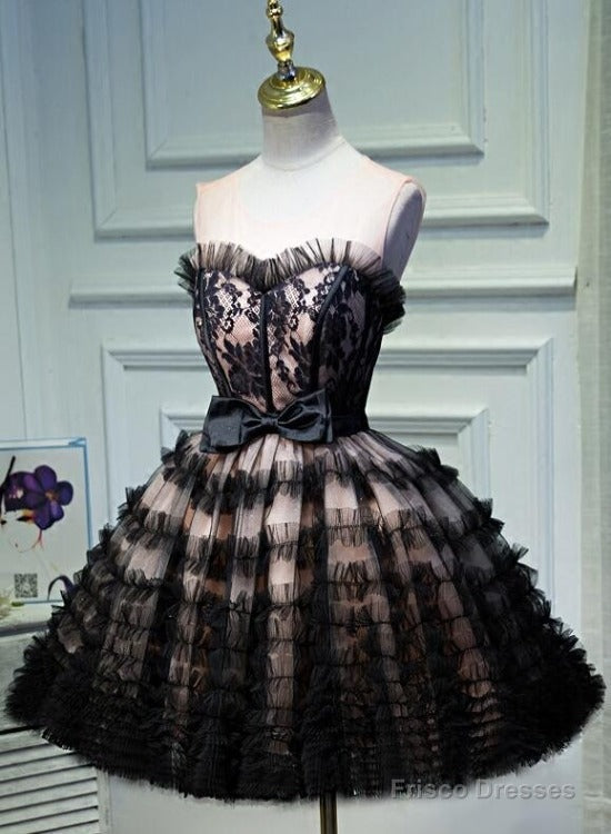 Lovely Pink And Black Short Party Dress With Bow, Cute Black Homecoming Dresses Main image