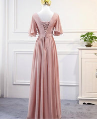 Lovely Pink Chiffon Long Party Dress , Pink A-Line Bridesmaid Dress
