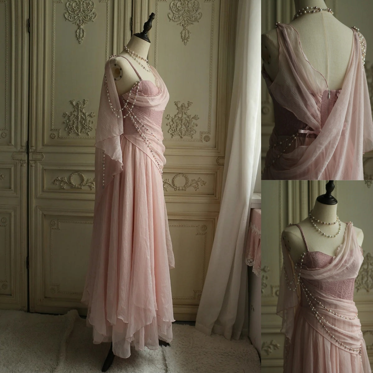 Affordable Prom Dresses Under $165||Lovely Pink Chiffon Prom Dress Princess Pearls Spaghetti Straps Evening Dresses