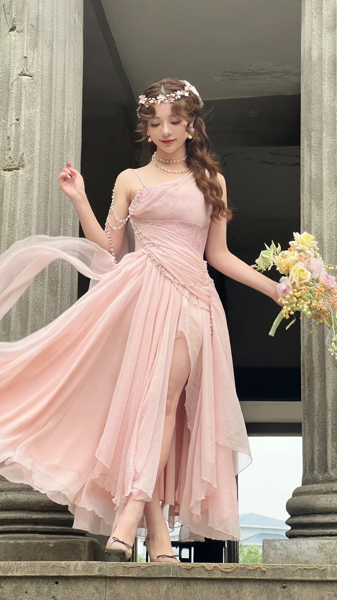 Affordable Prom Dresses Under $165||Lovely Pink Chiffon Prom Dress Princess Pearls Spaghetti Straps Evening Dresses