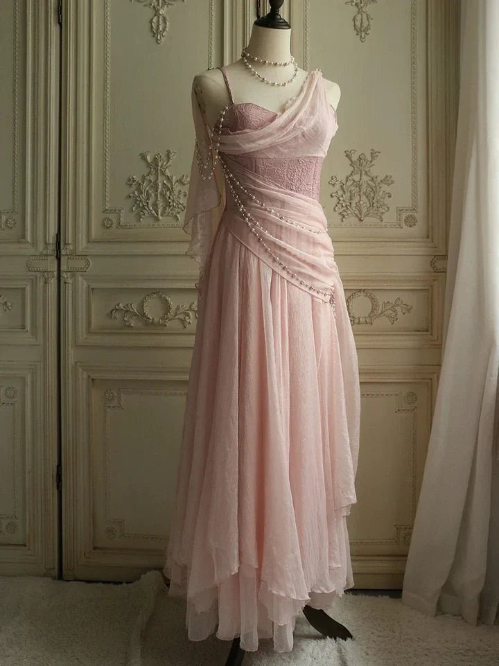 Affordable Prom Dresses Under $165||Lovely Pink Chiffon Prom Dress Princess Pearls Spaghetti Straps Evening Dresses Main image