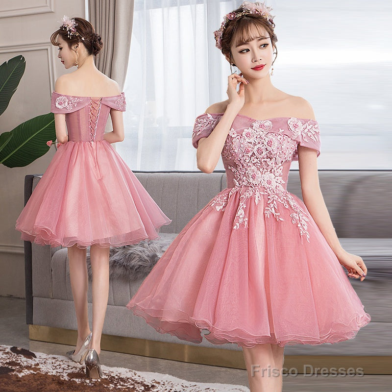 Lovely Pink Lace Applique Off Shoulder Cute Party Dress Homecoming Dress, Short Formal Dress Secondary image