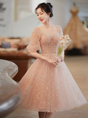 Lovely Pink Lace Short Sleeves Sweetheart Vintage Style Party Dress, Pink Homecoming Dresses