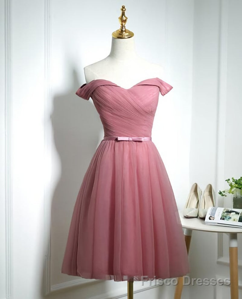 Lovely Pink Off Shoulder Knee Length Party Dress, Pink Prom Dress Main image