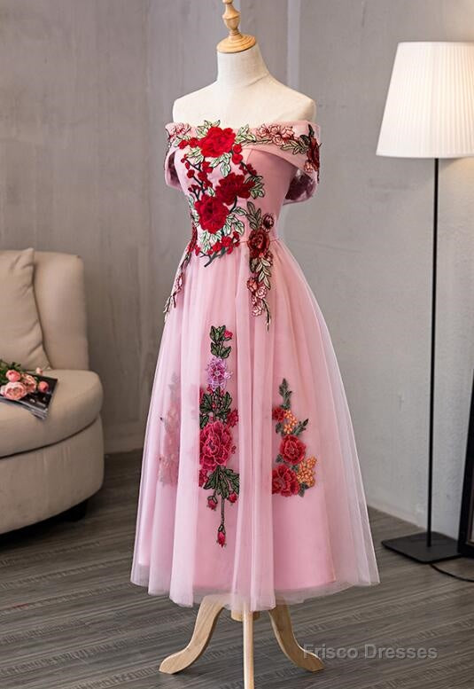 Lovely Pink Off Shoulder Tea Length Formal Dress, Cute Party Dress Secondary image