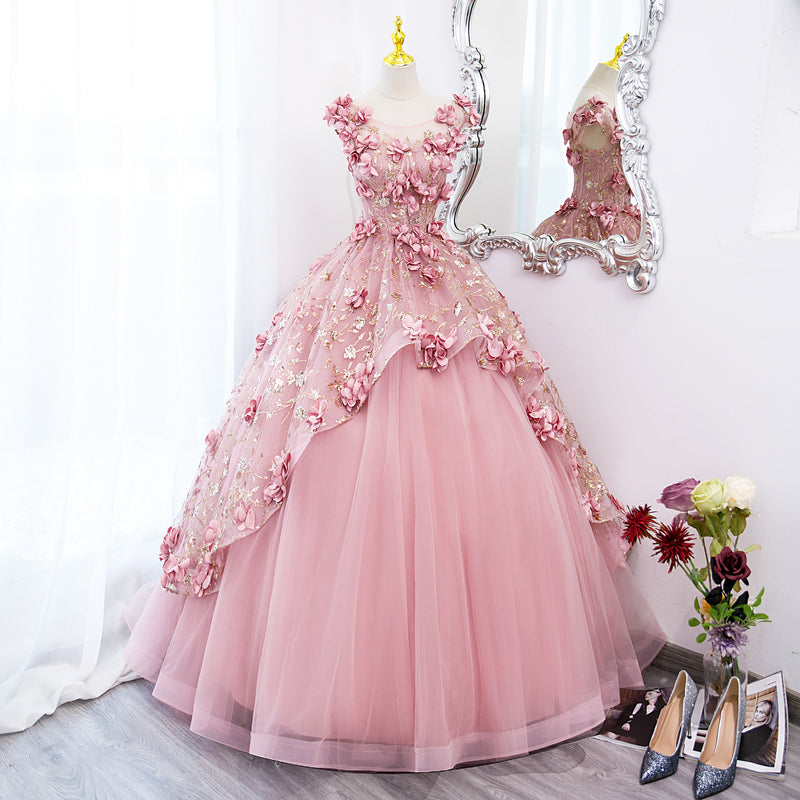 Lovely Pink Tulle Long Party Dress With Flowers, Pink Tulle Sweet 16 Gown Secondary image