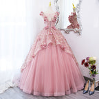 Lovely Pink Tulle Long Party Dress With Flowers, Pink Tulle Sweet 16 Gown