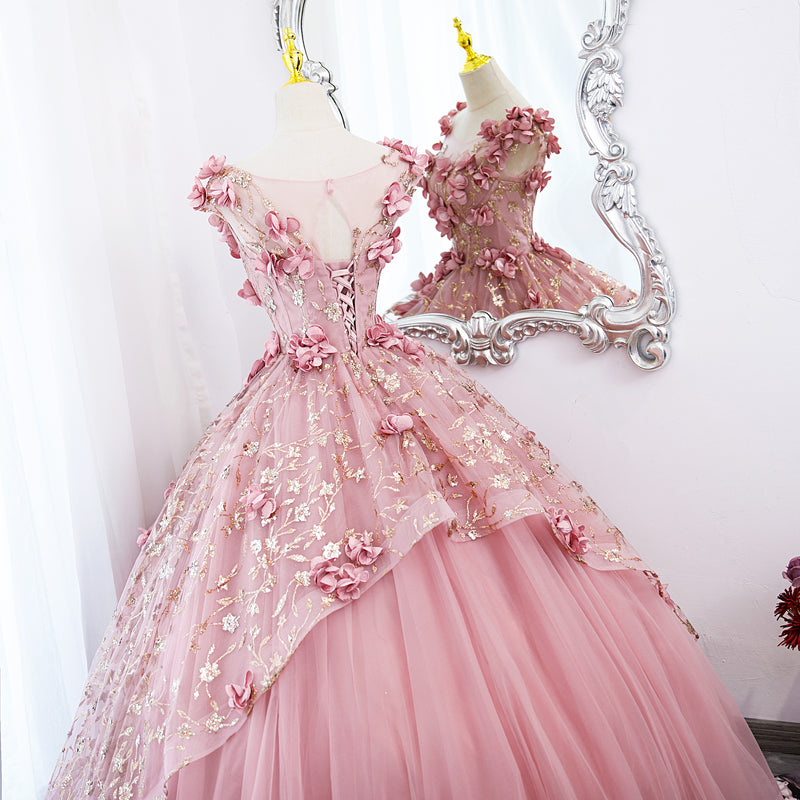 Lovely Pink Tulle Long Party Dress With Flowers, Pink Tulle Sweet 16 Gown