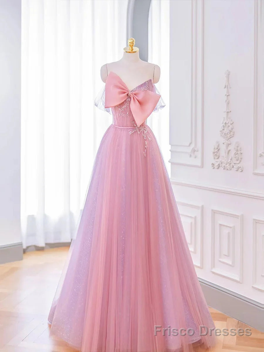 Lovely Pink Tulle Long Prom Dress with Bow Pink Formal Dresses prom dresses shops Secondary image