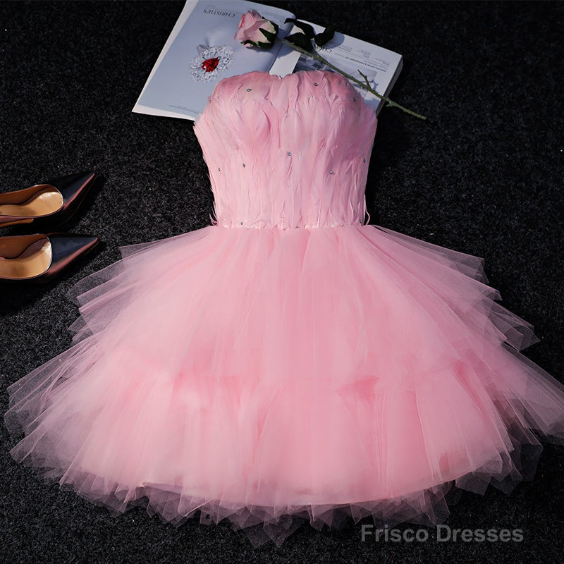 Lovely Pink Tulle Short Party Dress With Feather, Cute Pink Homecoming Dress Secondary image