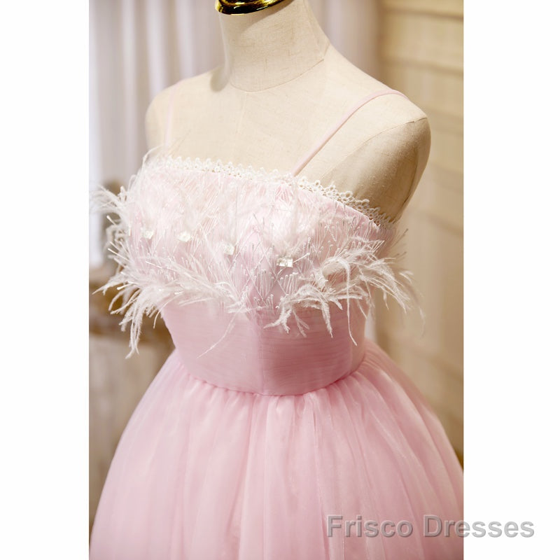 Lovely Pink Tulle Straps Knee Length Party Dresses, Pink Short Prom Dresses