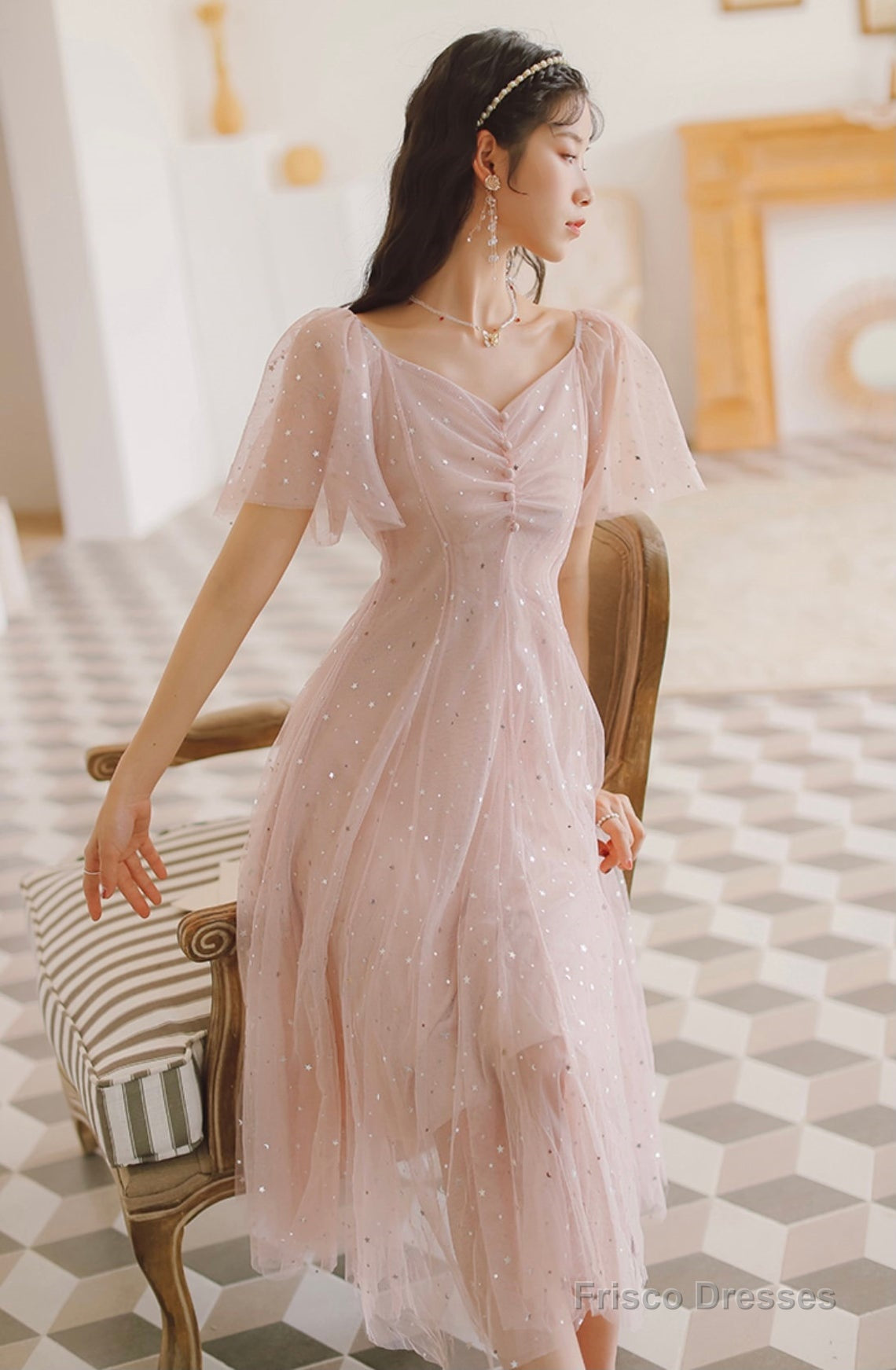 Lovely Pink Tulle V-Neckline Puffy Sleeves Party Dress, Pink Short Prom Dress Secondary image
