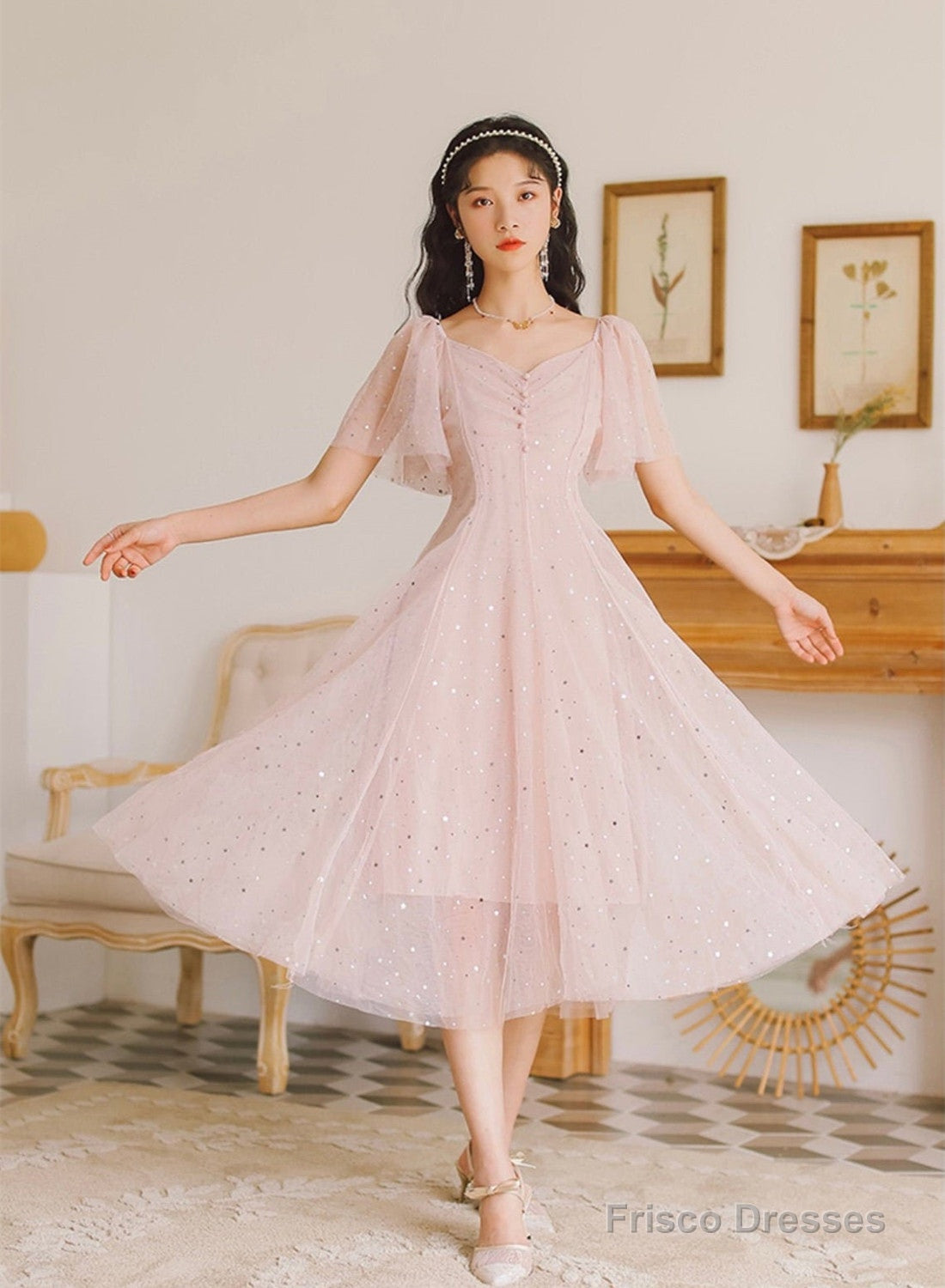 Lovely Pink Tulle V-Neckline Puffy Sleeves Party Dress, Pink Short Prom Dress Main image