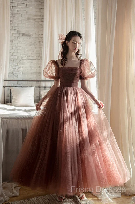 Lovely Puffy Sleeves Tulle Long Party Dress, Scoop Ball Gown Long Formal Prom Dress