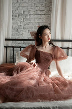 Lovely Puffy Sleeves Tulle Long Party Dress, Scoop Ball Gown Long Formal Prom Dress