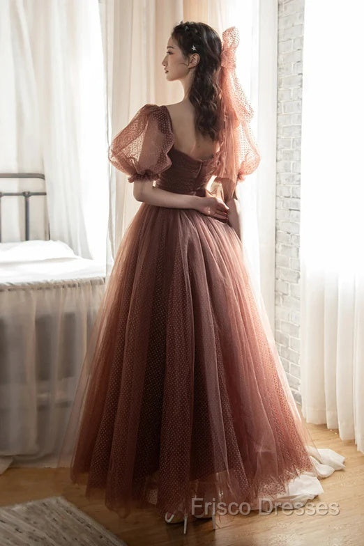 Lovely Puffy Sleeves Tulle Long Party Dress, Scoop Ball Gown Long Formal Prom Dress