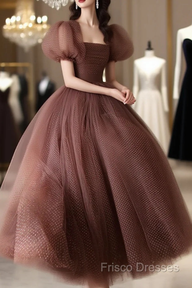 Lovely Puffy Sleeves Tulle Long Party Dress, Scoop Ball Gown Long Formal Prom Dress Main image