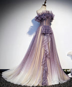 Lovely Purple Shiny Tulle Off Shoulder Formal Dress, Purple Long Formal Prom Dress