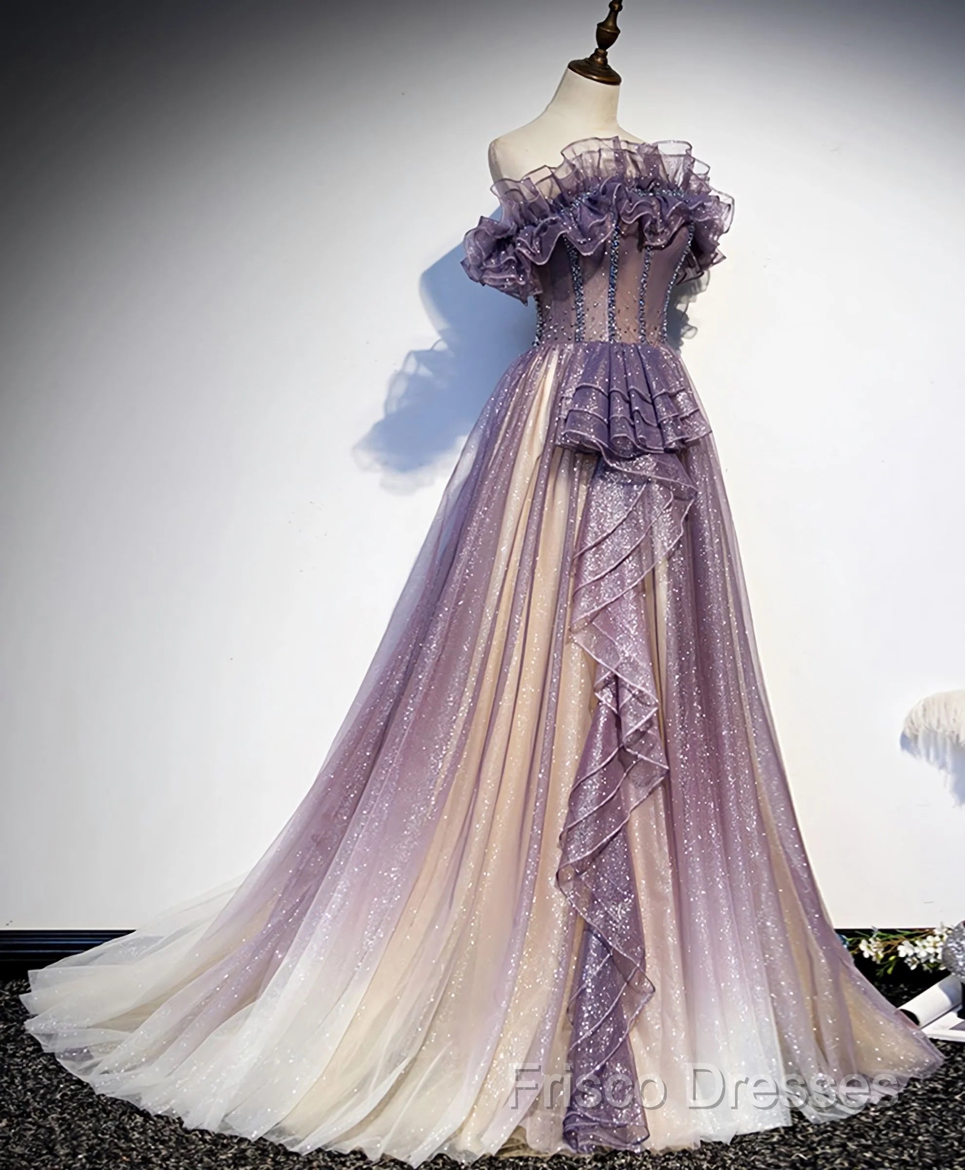 Lovely Purple Shiny Tulle Off Shoulder Formal Dress, Purple Long Formal Prom Dress