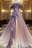 Lovely Purple Shiny Tulle Off Shoulder Formal Dress, Purple Long Formal Prom Dress