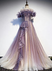 Lovely Purple Shiny Tulle Off Shoulder Evening Dress, Purple Long Prom Dress