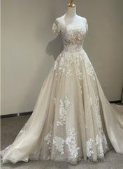Lovely Round Neckline Tulle With Lace Applique Wedding Party Dress, Tulle Wedding Dress