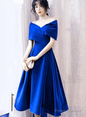 Lovely Royal Blue Velvet Tea Length Off Shoulder Party Dress, Blue Velvet Homecoming Dress