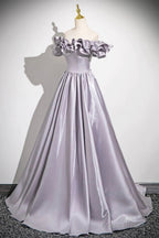 Lovely Satin Floor Length Prom Dress, Purple A-Line Off Shoulder Evening Dress